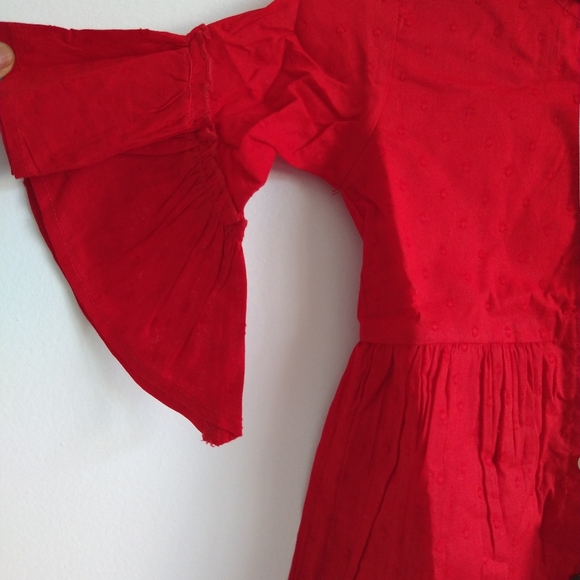 Red Swiss Dot Ruffle-Sleeve Shirt Dress - - Picture 6 of 9